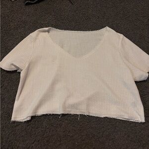 White V-Neck Waffle Texture Women's Top